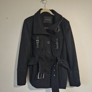 Zara black wool blend belted coat jacket sz XL Big Buttons. Buckles Stylish EUC